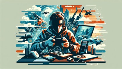 Colorful Digital Art Illustration of Gamer at Workstation