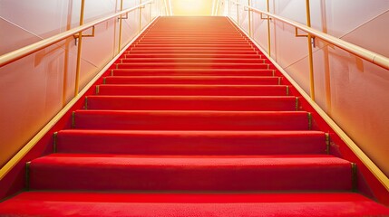 a plush red carpet cascades down the stairs, adorning the interior of a lavish hotel or restaurant, exuding elegance and sophistication.