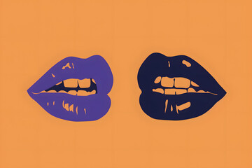 Two pairs of stylized purple lips on orange background