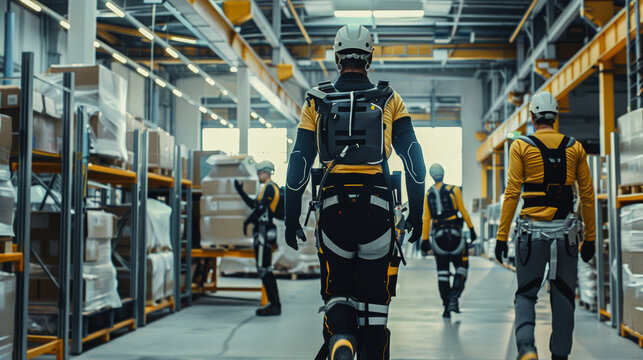 Workers Utilizing Exoskeletons in Manufacturing Facility
