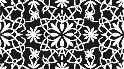 Vector monochrome mosaic seamless pattern. Black and white ornamental texture, islamic art style. Abstract elegant background. Geometric ornament with floral grid, lattice. Repeated design for decor