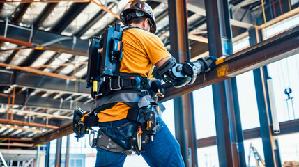 Construction workers wear exoskeletons