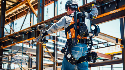 Construction workers wear exoskeletons