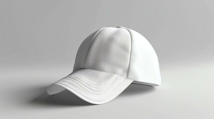 A white baseball cap is sitting on a solid white background. The cap is facing the left of the frame and is slightly angled down.