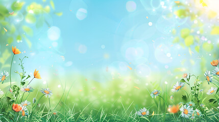 Obraz premium paisaje de dia al aire libre con plantas y flores en el cesped en el pasto fondo con espacio para copiar invitacion digital