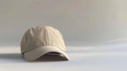 **Image description:**  A beige baseball cap is resting on a solid beige background.