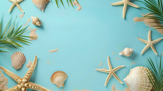 fondo tropical con elementos y accesorios de playa del mar invitaci&oacute;n digital con espacio para copia wallpaper de playa con estrella de mar y conchas