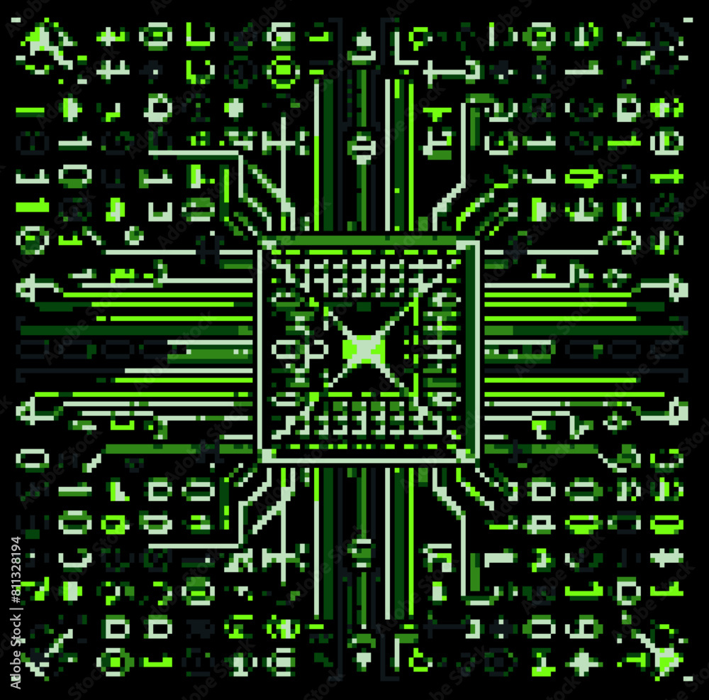 Poster Pixel image of an abstract computer scheme and circuit. Vector illustration in 8-bit retrofuturistic style.