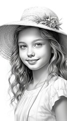 Black and white sketch of a girl in a hat. She smiles and looks at the camera. Her hair is long and curly.