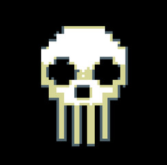 Pixel art of a human skull on a dark background. Retro 8-bit style vector illustration.