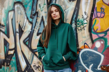 urban chic young woman in green hoodie against graffiti wall clothing mockup