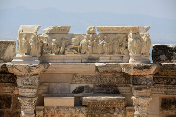 Elements of the old amphitheater, Hierapolis in Pamukkale, Denizli City, Turkey