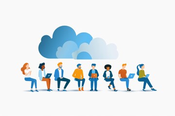 Fototapeta premium Productivity in office is driven by virtual work and vectstartup, teamwork and innovative cloud management through automated collaboration.