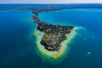 Aerial View of Sirmione Peninsula on Lake Garda, Italy, Showcasing Turquoise Waters and Vibrant...