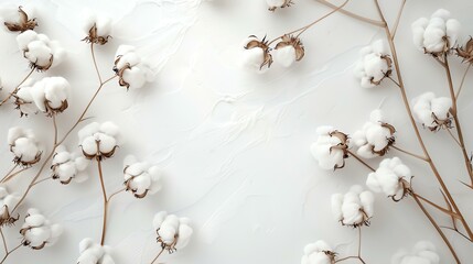 White cotton flowers on a whitewashed wooden background.