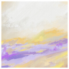 Impressionistic Light Peaceful Soft Pastel Meadow or Valley Under Mountains with Clouds Cloudscape or Landscape in Purple, Orange, Yellow, Green - Digital Painting, Art, Artwork, Design, Illustration