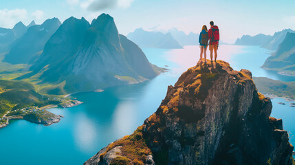Courageous Couple Embracing on a Narrow Mountain Ridge with a Spectacular View of Fjords and Peaks in the Lofoten Islands, Norway