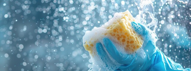 close-up of soap sponge in hand. Selective focus