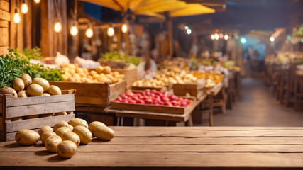 Close up of a fresh, ripe potato in a wooden crate against a market background. Fresh vegetables in a farmer's organic market or supermarket. Healthy food concept for banner with space for text.