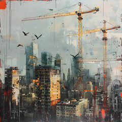 Oil paintings depicting cities rising out of the ground