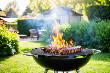 Barbecue grill with assorted grilled meat on a blurred summer garden background.Generative AI