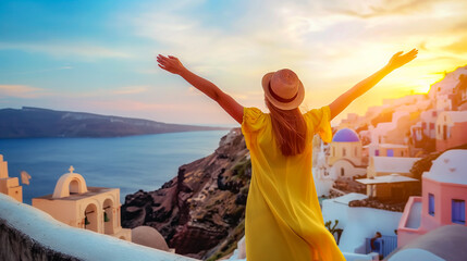Europe travel vacation fun summer woman feeling free dancing with arms open in freedom at Oia,...