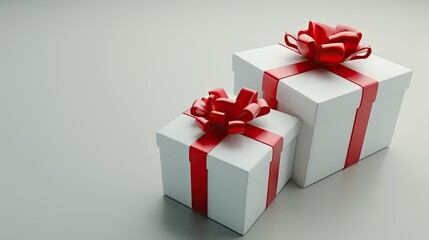 Fototapeta premium two white gift boxes adorned with vibrant red ribbon bows, one small and one large, elegantly isolated on a soft light background in a front-facing view.