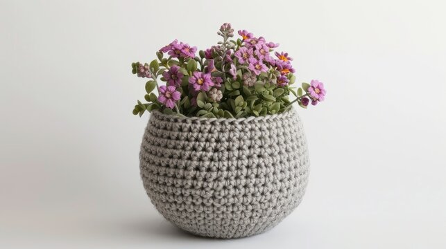 Hand crocheted gray flower pot for home decor with white background