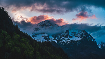 Fiery Sunrise Over Hinterstoder's Alpine Peaks in Upper Austria, Dramatic Sky Illuminating Rugged...