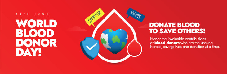 World Blood Donor Day. 14th June World Blood Donor celebration cover banner, social media post with blood bags, drops, earth globe. The Day has the slogan Share Life, Give Blood. 