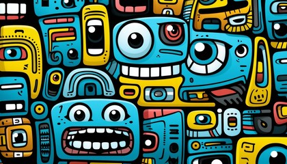 Different robots and monsters on a black background. cartoon background