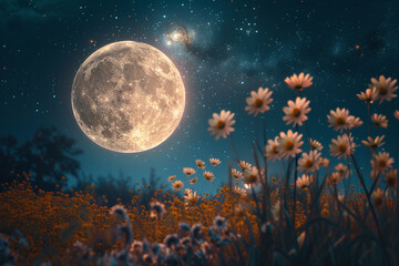 Gorgeous autumnal fantasy: a full moon with the Milky Way in the background, surrounded by wild...