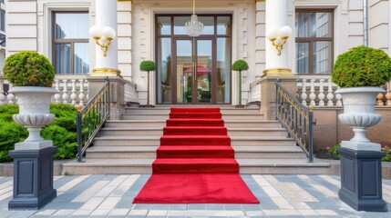 a scarlet carpet cascades down the stairs, adorned with a sleek silver handrail, leading guests to...
