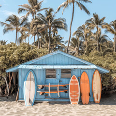 Small Blue Building With Surfboards