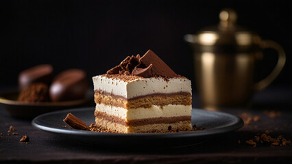 Baileys tiramisu served on dark moody table with coffee beans decoration