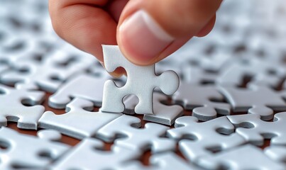 Close-up of a hand placing a puzzle piece.