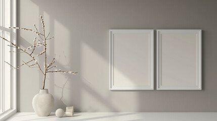 Two White Frames on Wall with Sunlight and Shadows