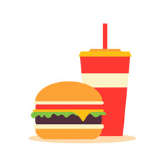 Hamburger and soda. Vector flat illustration isolated on white background.