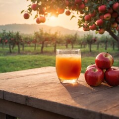 Fototapeta premium Fresh apples and apple juice on table, garden background. Harvest