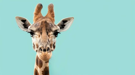 Funny giraffe face closeup. Looking at camera. Isolated on blue background.