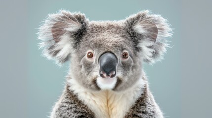 A close-up of a koala's face. The koala is looking at the camera with its big, round eyes. Its fur is soft and gray.