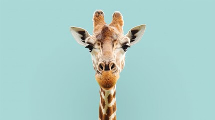 Close-up portrait of a giraffe on a blue background. The giraffe is looking at the camera with a...