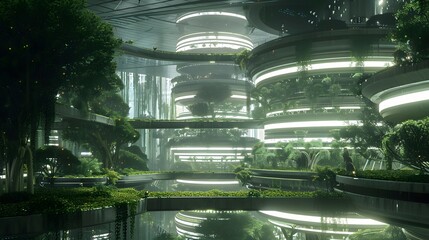 A futuristic vertical farm with hydroponic systems growing leafy greens under artificial lighting - Powered by Adobe