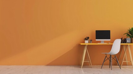 Elevate your productivity with a clean and organized workspace featuring a creative work desk and chair set against an empty pastel orange wall