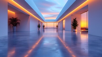 Sky-lit Elegance: Modern Hallway with Bright Windows Overlooking Twilight Sky