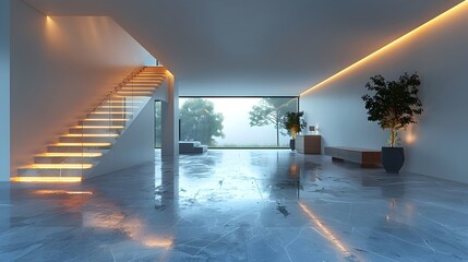 Minimalist Harmony: Floating Staircase in Contemporary Living Area with Garden View