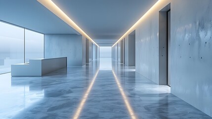Bright Pathway: Minimalist Corridor with Soft Lighting and Polished Floors