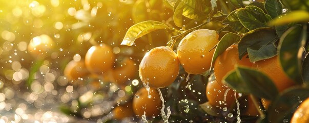 Vibrant image showcasing fresh oranges with droplets of water on them in a sunlit orange grove.