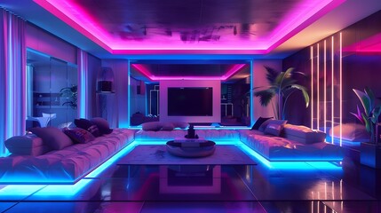 Futuristic interior room with high technology and luxury style, cyber living room with neon light...