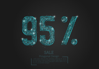 Abstract isolated blue 95 percent sale concept. Polygonal illustration looks like stars in the blask night sky in spase or flying glass shards. Digital design for website, web, internet. © Katsiaryna